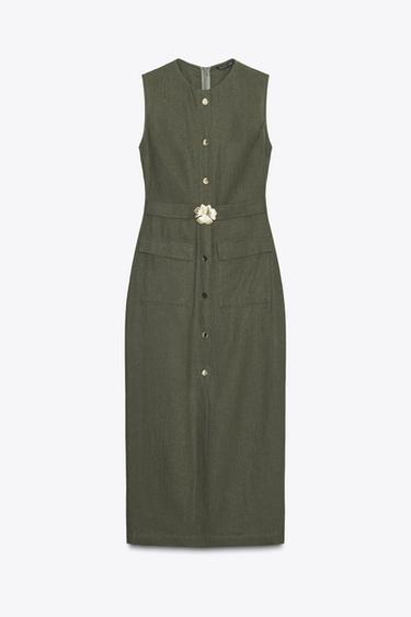 LINEN BLEND MIDI DRESS WITH BELT - Dark khaki by Zara