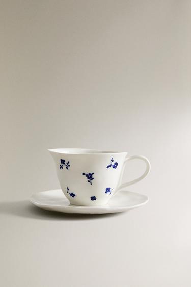 Zara PORCELAIN FLORAL MUG AND SAUCER - White / Navy