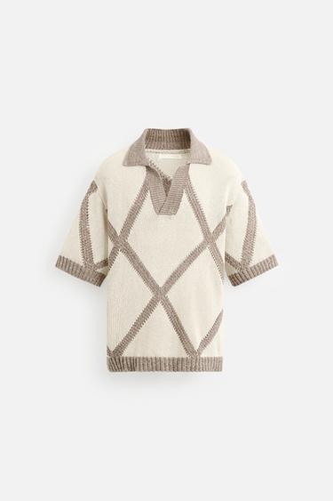 Zara RHOMBUS JACQUARD KNIT POLO SHIRT - Brown / Taupe