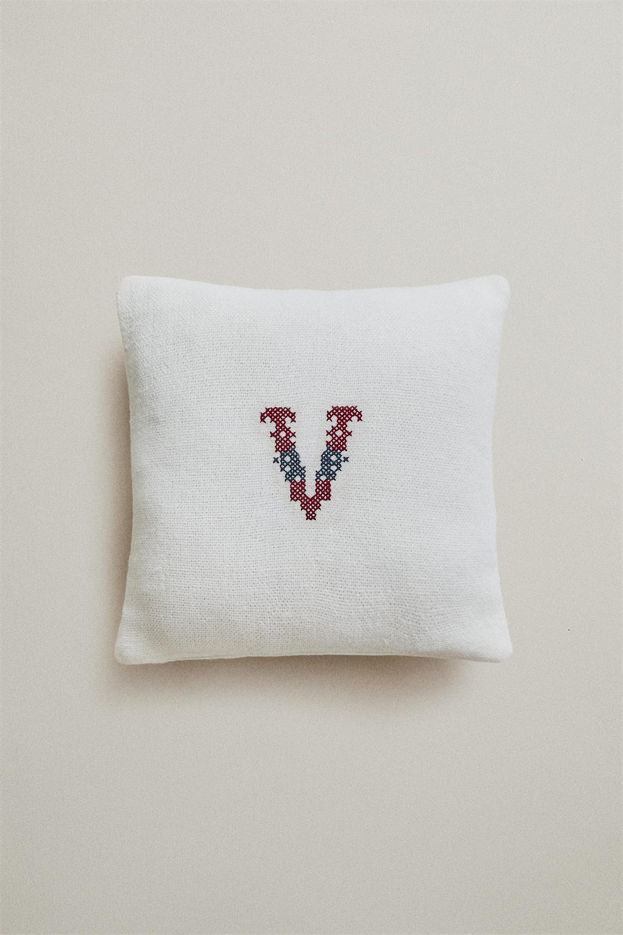 EMBROIDERED 'V' LETTER LINEN CUSHION — Ecru