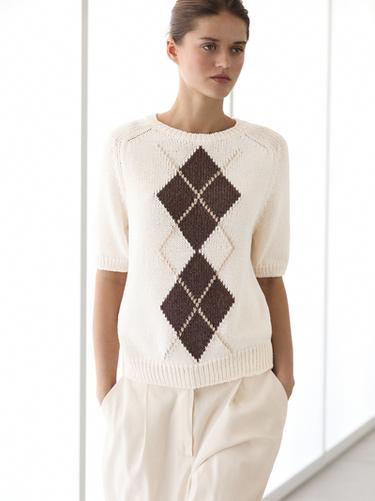 Zara Short sleeve knit argyle sweater - Ecru