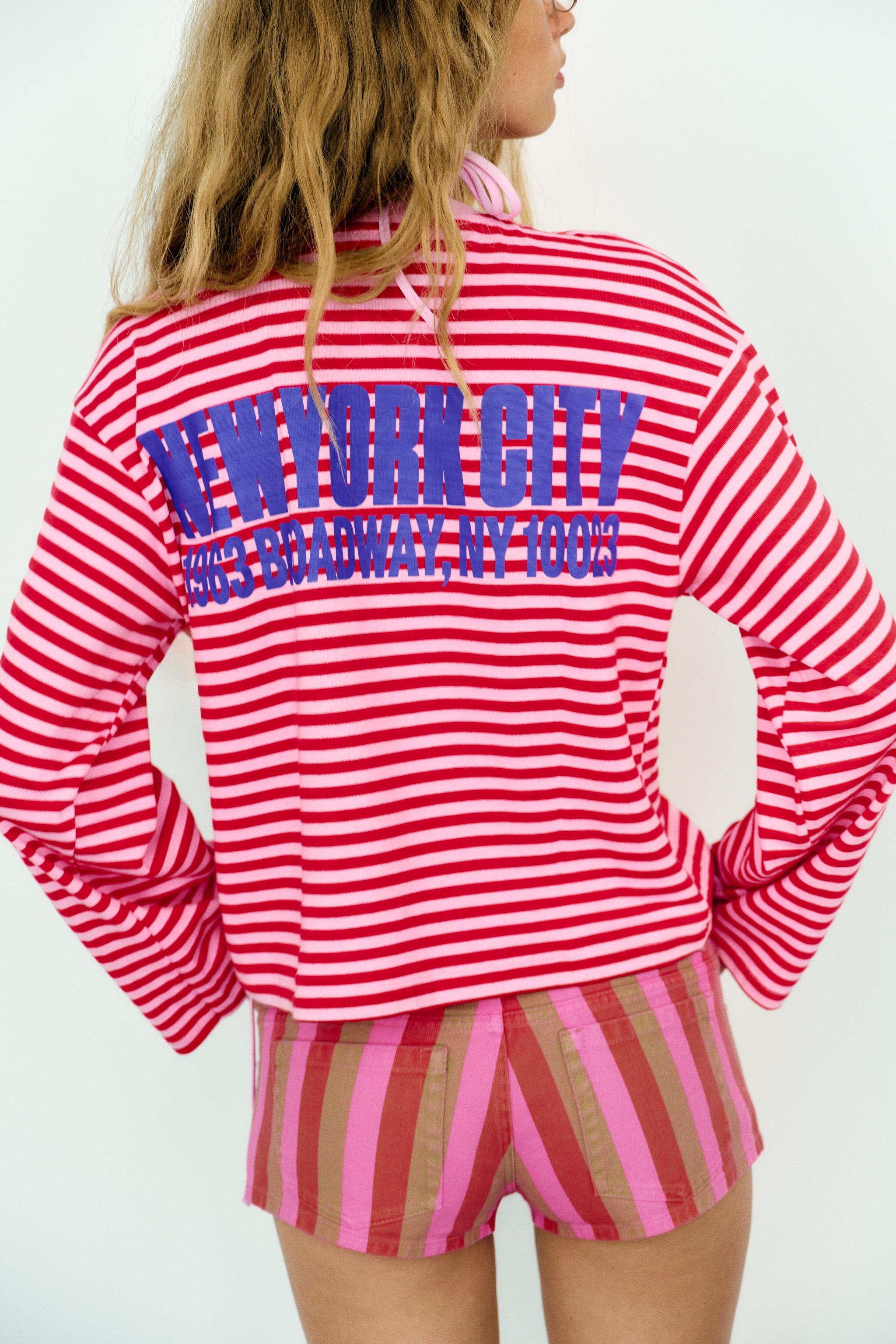 Zara ÇİZGİLİ SLOGANLI T-SHIRT görsel 4