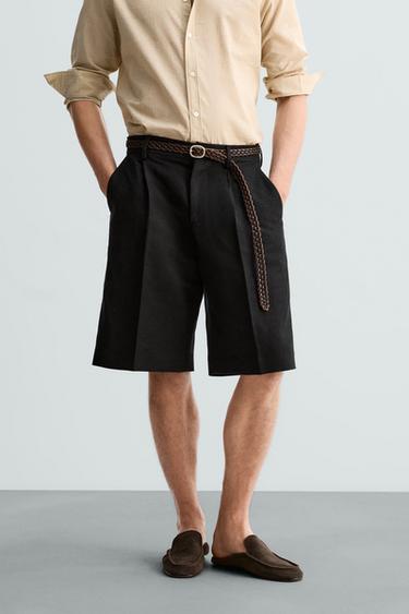 Zara LIMITED EDITION LINEN COTTON PLEATED SHORTS - Black