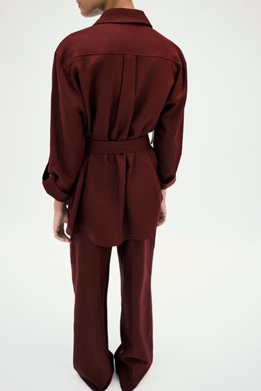 STRAIGHT-LEG LINEN BLEND TROUSERS - Burgundy by Zara - Image 3