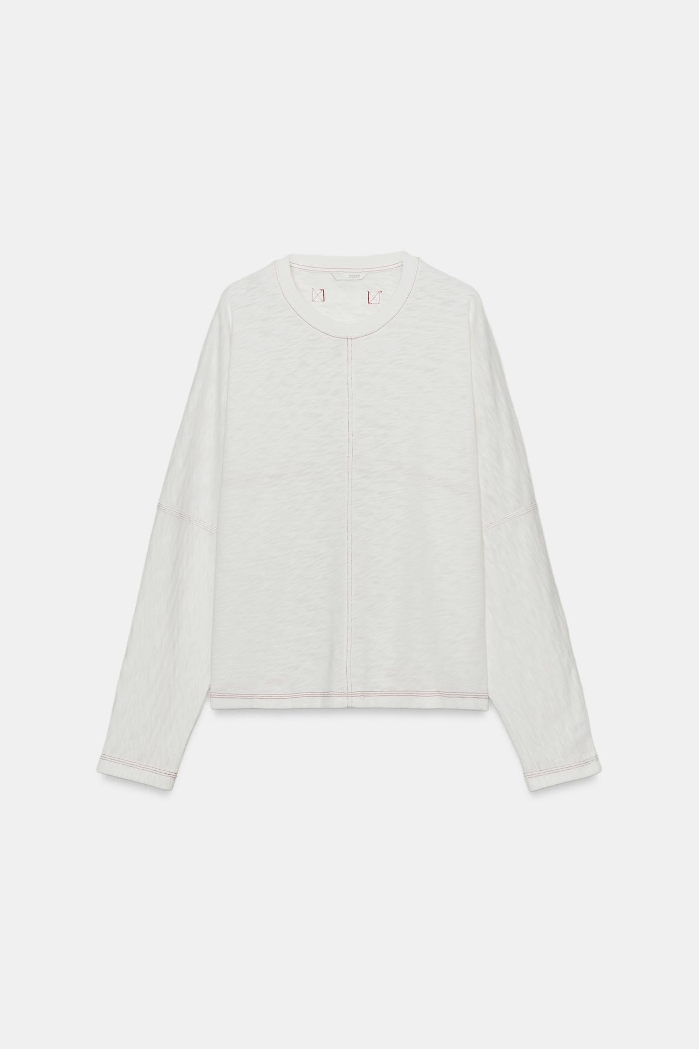 Женская футболка Zara Contrast-Stitch, цвет: Устричный белый — фото 5