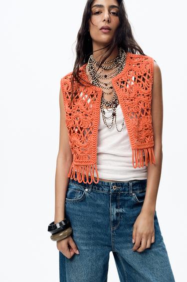 GILET EN MAILLE À FRANGES - Orange de Zara