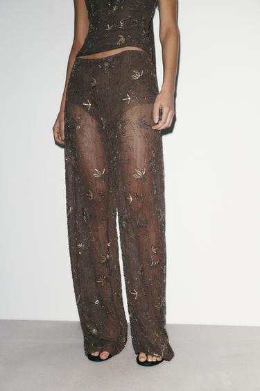 Zara BEADED SEQUIN PANTS - Brown