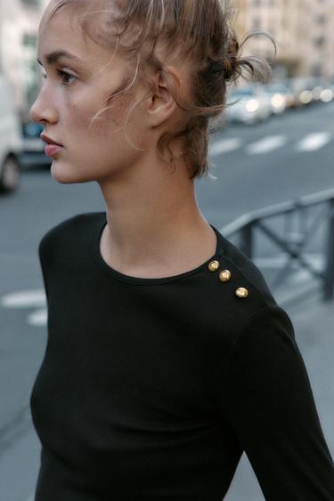 RIBBED T-SHIRT WITH BUTTONS - Black by Zara - Image 3