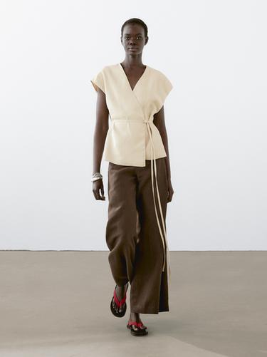 Zara 100% linen crossover waistcoat - Stone - Image 0