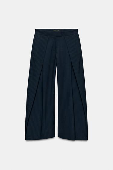 CALÇA WIDE LEG COM PREGAS E RISCAS ZW COLLECTION - Azul-marinho da Zara - Imagem 0