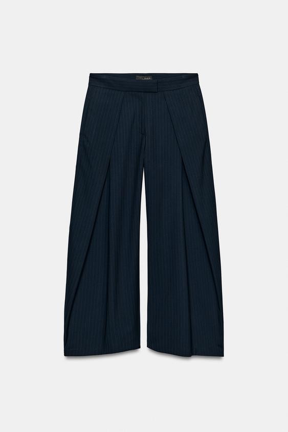 ZW COLLECTION STRIPED WIDE-LEG PLEATED TROUSERS - Navy blue by Zara - Image 0