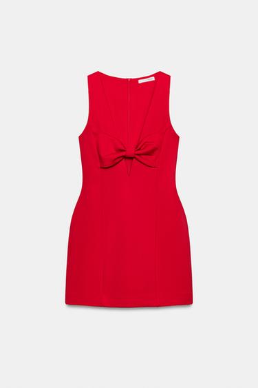 Zara BOW MINI DRESS - Red - Image 0