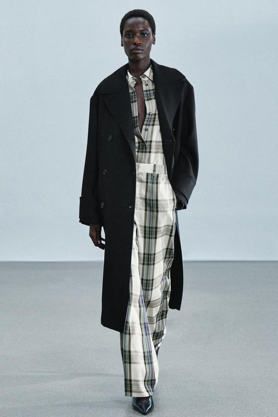 Zara ZW COLLECTION PLAID FLOWY PANTS - Ecru - Image 0