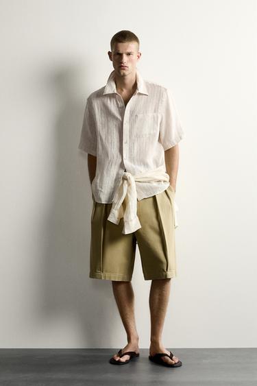 100% LINEN STRIPED JACQUARD SHIRT - Beige by Zara
