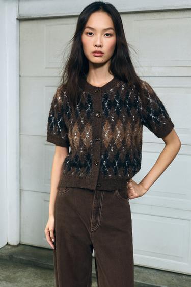 Zara 菱格紋短袖針織外套 - 棕色