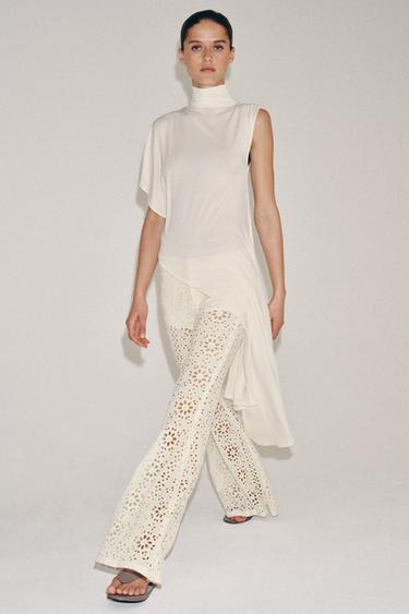 Zara EMBROIDERED FLARE PANTS ZW COLLECTION - Ecru