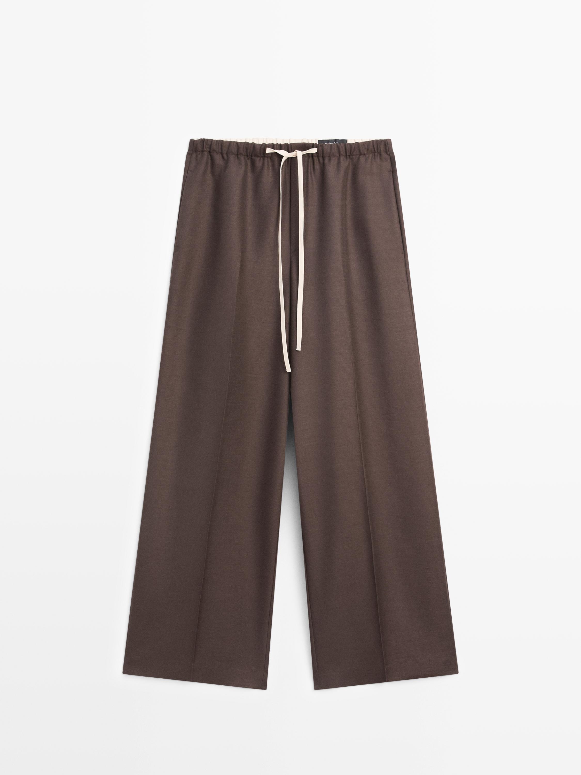 Wool blend contrast drawstring trousers — Brown