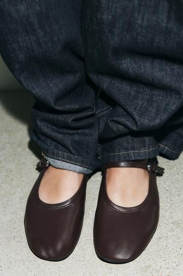 SOFT LEATHER BALLET FLATS - Brown by Zara