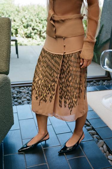 SEQUIN MIDI SKIRT — Toffee 2