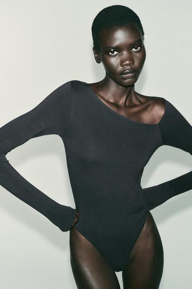 Zara ASYMMETRIC LONG SLEEVE BODYSUIT - Charcoal gray