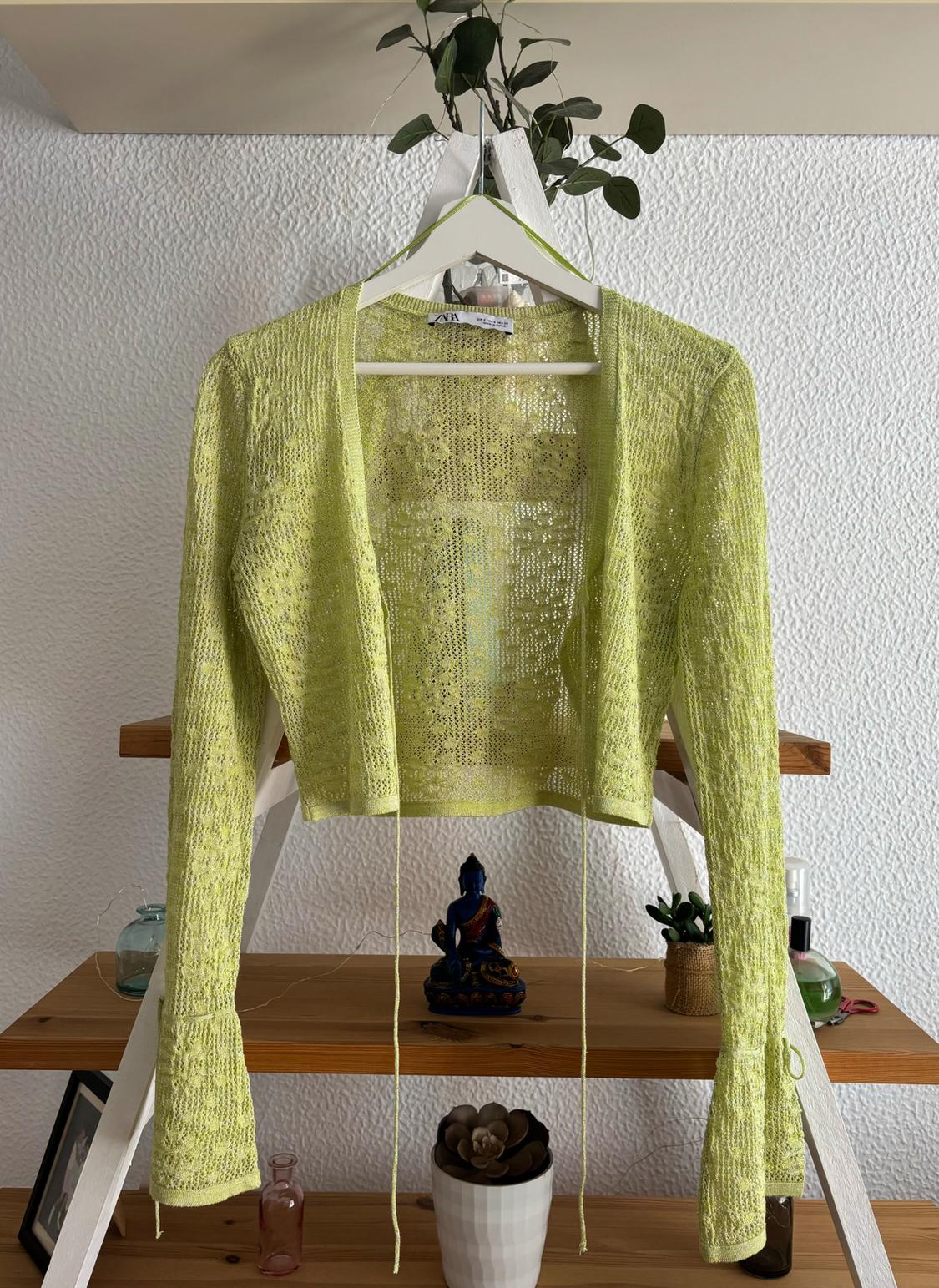 Light green knitted jacket hanging on a white hanger over a wooden shelf with plants and a decorative figure.