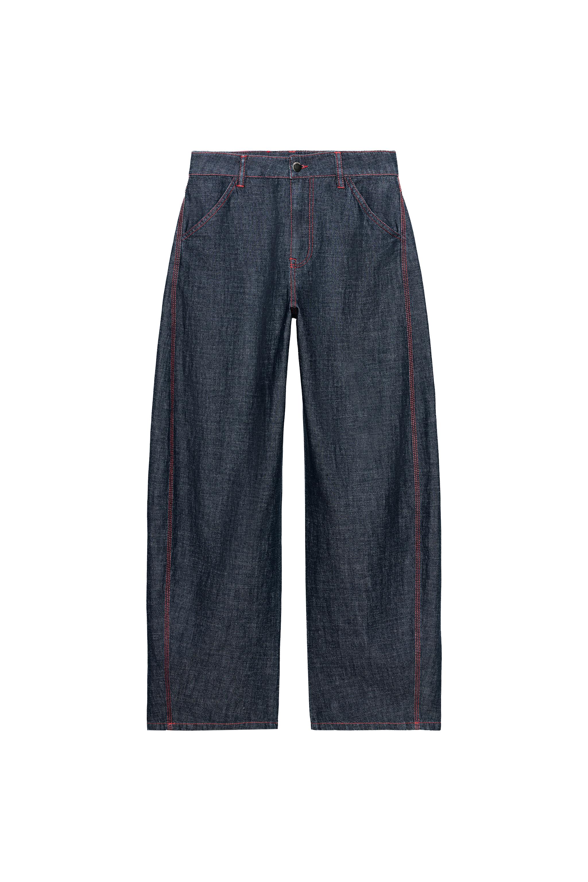 LINEN BARREL PANTS WITH CONTRAST TOPSTITCHING