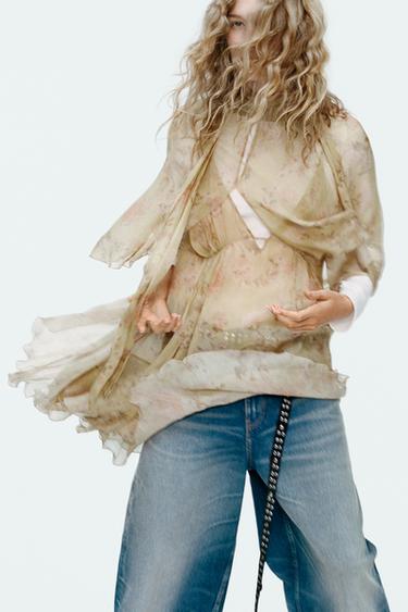 ZW COLLECTION PRINTED COTTON GAUZE CAPE DRESS - Light green by Zara