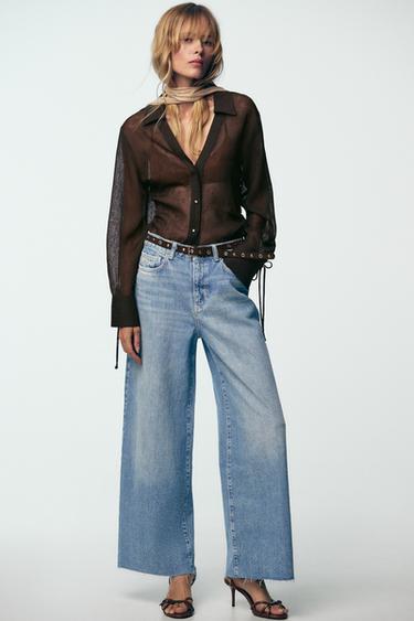 Zara Z1975 WIDE LEG CROPPED HIGH RISE BELTED JEANS - Mid-blue