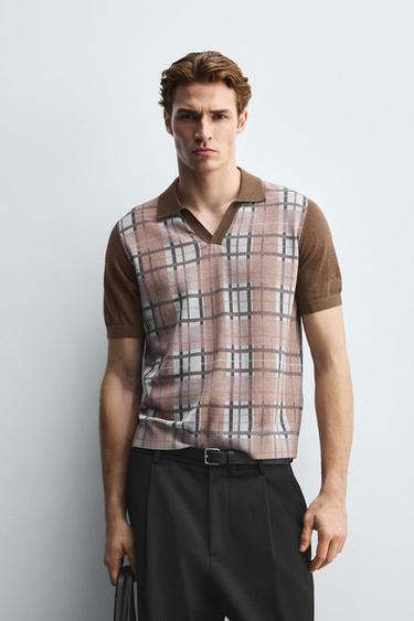 Zara CHECKERED KNIT POLO SHIRT - Dark beige