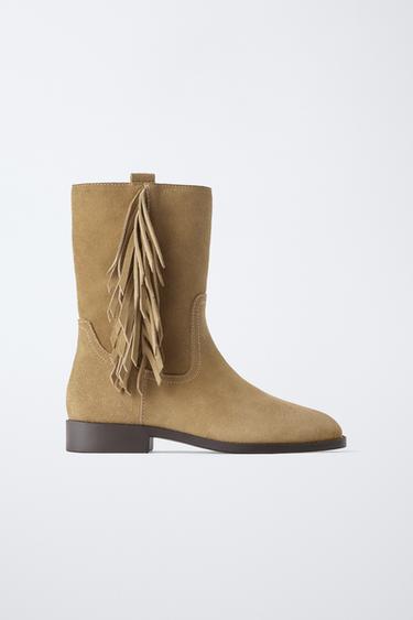 Zara FRINGED SPLIT LEATHER BOOTS - Beige