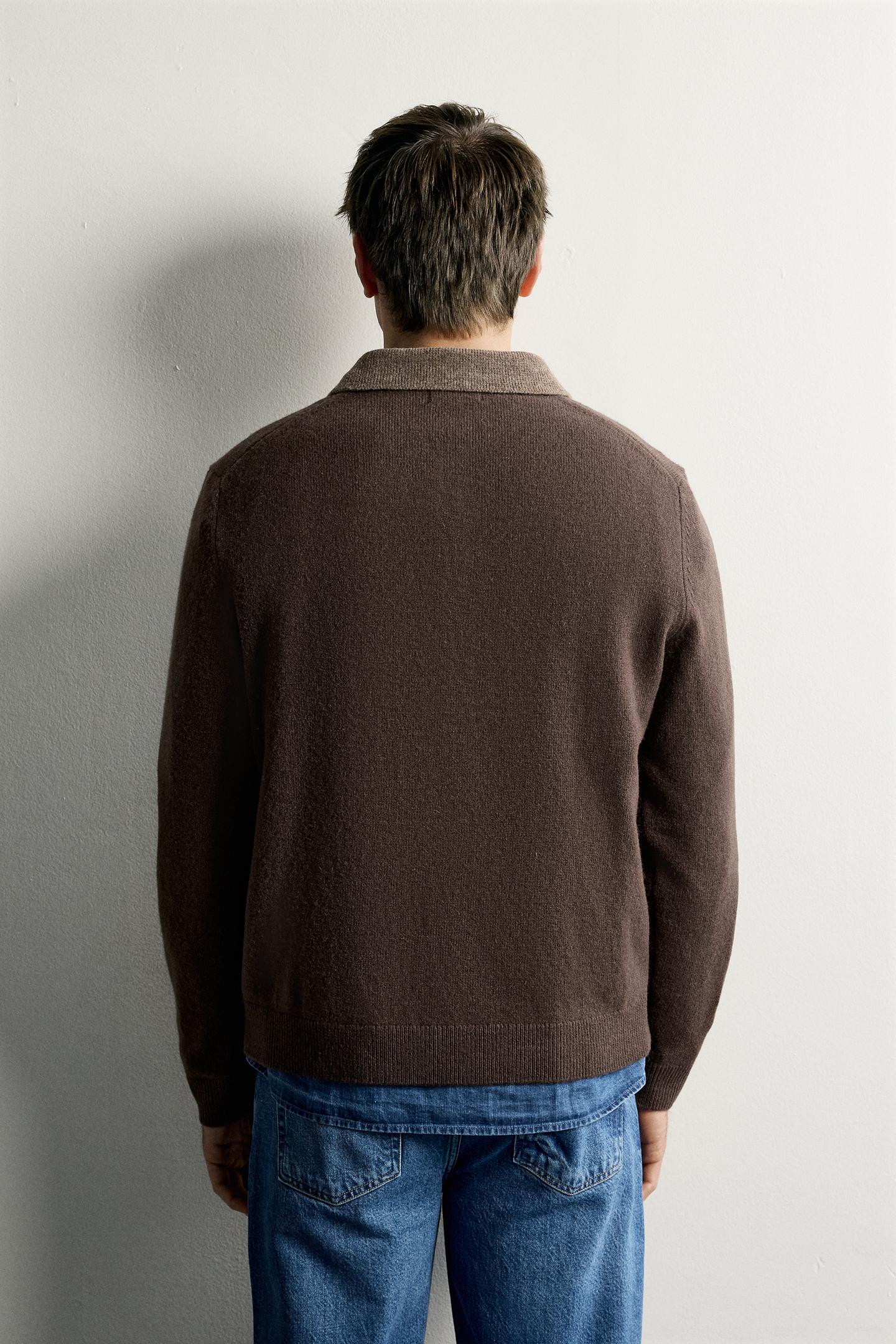 Мужское поло Zara 100% Wool Contrast Knit Polo, цвет: Коричневый — фото 3