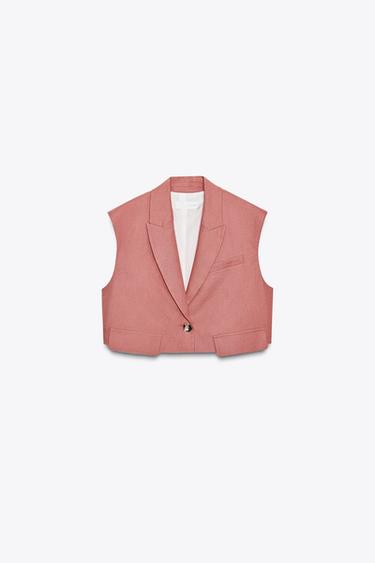 GILET COURT À RABATS AVEC LIN - MARSALA de Zara