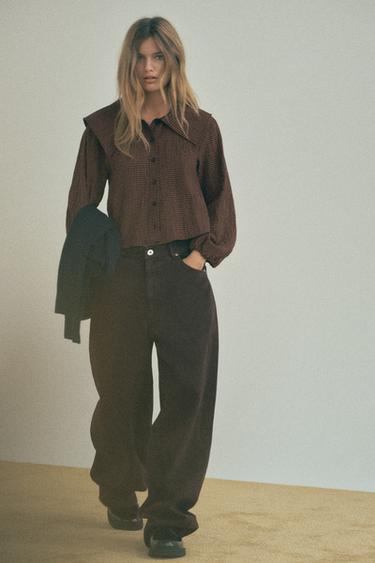 РУБАШКА В КЛЕТКУ С БОЛЬШИМ ОТЛОЖНЫМ ВОРОТНИКОМ — ОТТЕНОК КОРИЧНЕВОГО от Zara — изображение 0