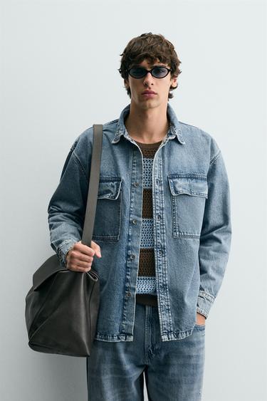 Zara WASHED DENIM POCKET OVERSHIRT - Light blue