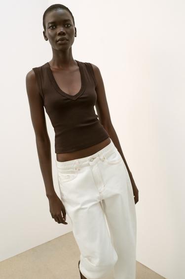 Zara COTTON V-NECK T-SHIRT - Brown