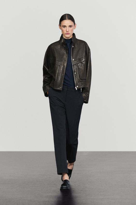 Zara Cropped stand-collar nappa leather jacket - Black - Image 0