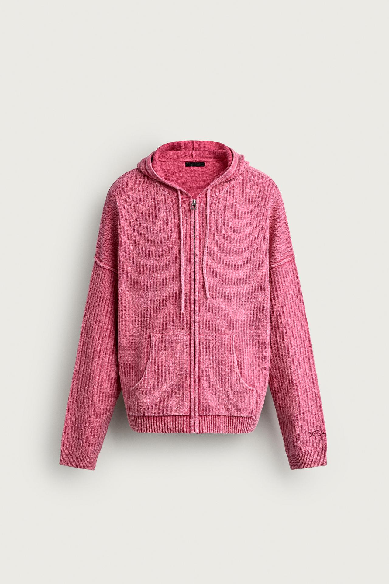 ZIP-UP HOODED KNIT SWEATSHIRT — Pink
