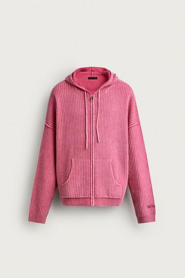 ZIP-UP HOODED KNIT SWEATSHIRT — Pink 1