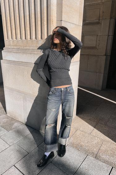 TRF RIPPED STRAIGHT MID-WAIST JEANS - Navy blue by Zara