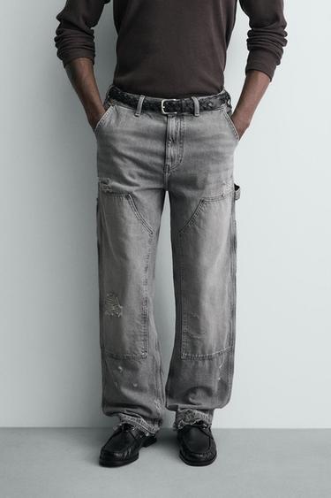Zara WASHED CARPENTER POCKET JEANS - Gray