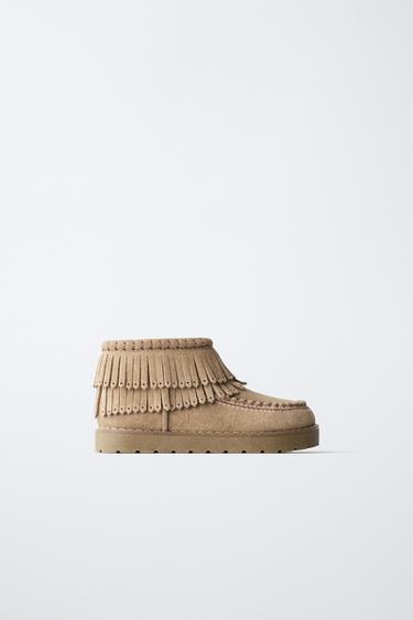 LEATHER FRINGED LINED ANKLE BOOTS — Sandy Brown 1