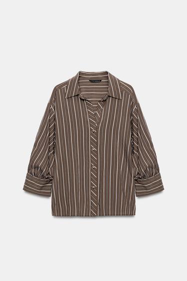 CAMISA RAYAS MANGA ABULLONADA - Marrón-Azul de Zara - Imagen 0