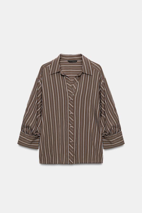 CAMISA RAYAS MANGA ABULLONADA - Marrón-Azul de Zara - Imagen 0
