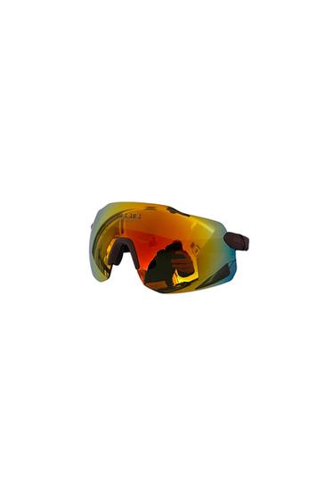 Sports sunglasses with orange and yellow mirrored lenses. Reflection of a person. Text 26.1.18.1 and BRIKO.