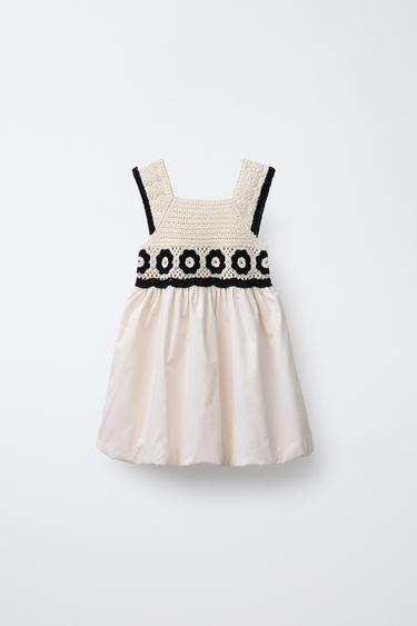 Zara COMBINATION CROCHET KNIT DRESS - Ecru / Black