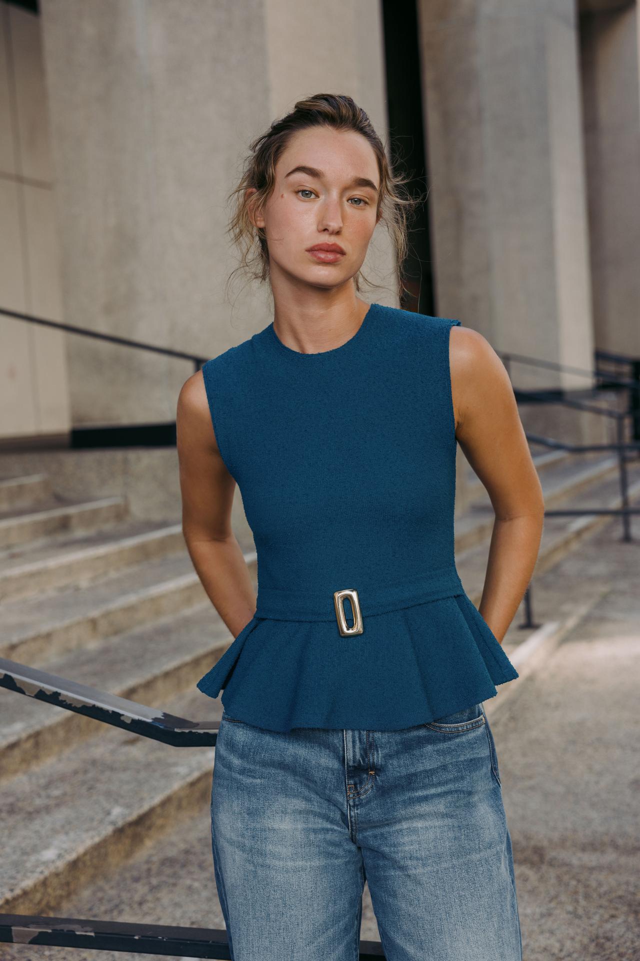 BOUCLÉ BUCKLE PEPLUM TOP