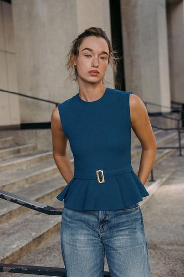 BOUCLÉ PEPLUM BUCKLE TOP - Bluish by Zara