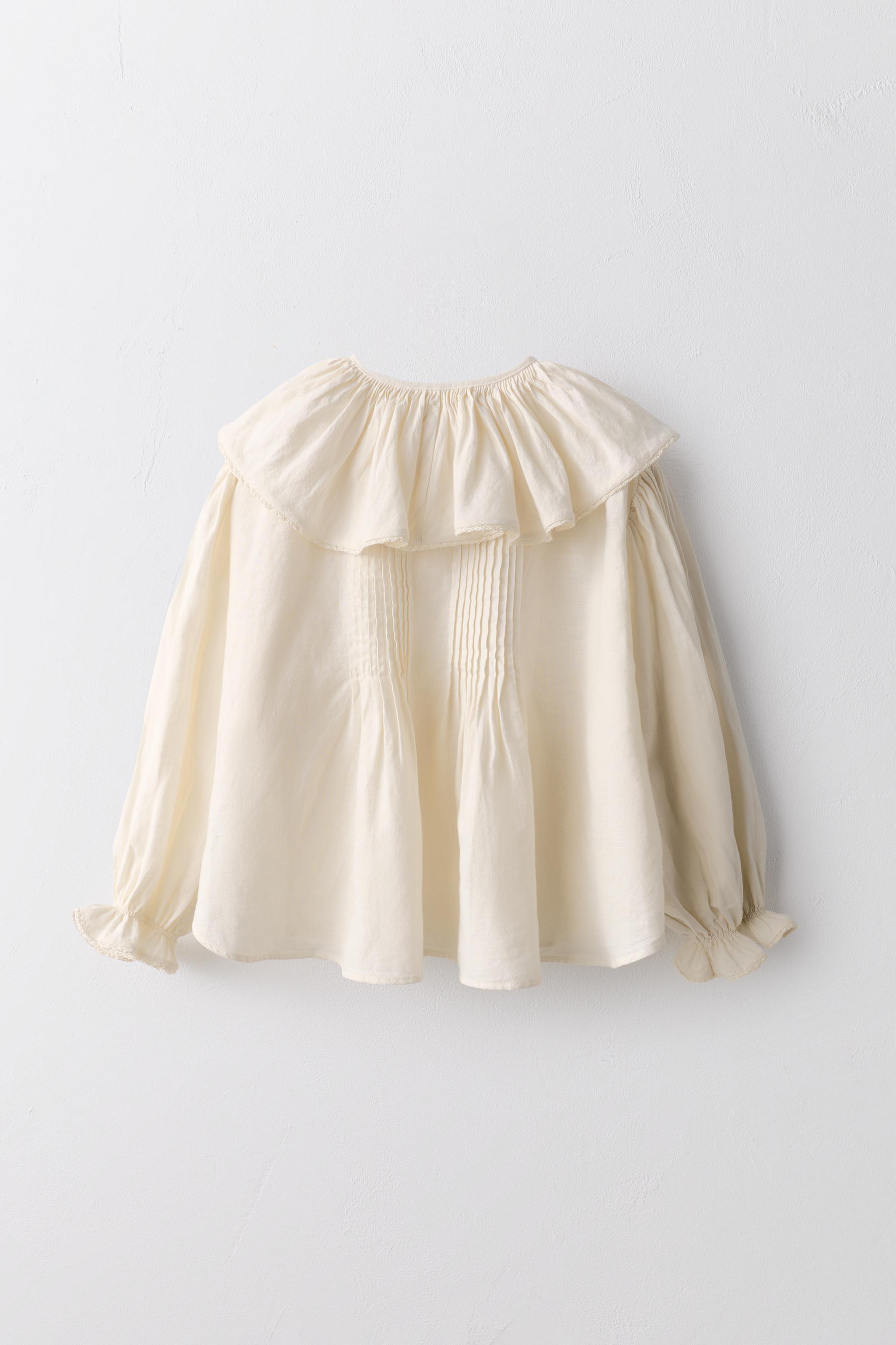 6-10 YEARS/ PLEATED LACE TRIM COTTON LINEN BLOUSE LIMITED EDITION