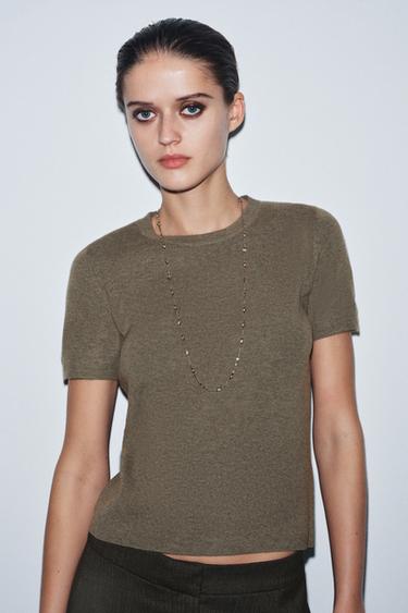 Zara SHORT SLEEVE SOFT FEEL KNIT JUMPER - Taupe gray