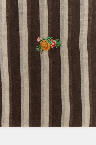 FOULARD EN LIN À RAYURES ET BRODERIES FLORALES - brun de Zara - Image 5